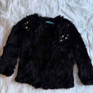 Alice + Olivia Black 100% Rabbit Fur 3/4 sleeve jacket with white detail